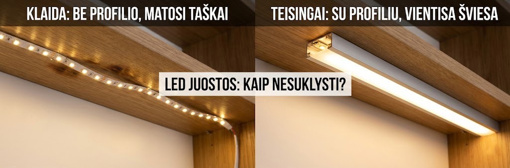 LED juostos interjere: nuo ko pradėti ir kaip nesuklysti?